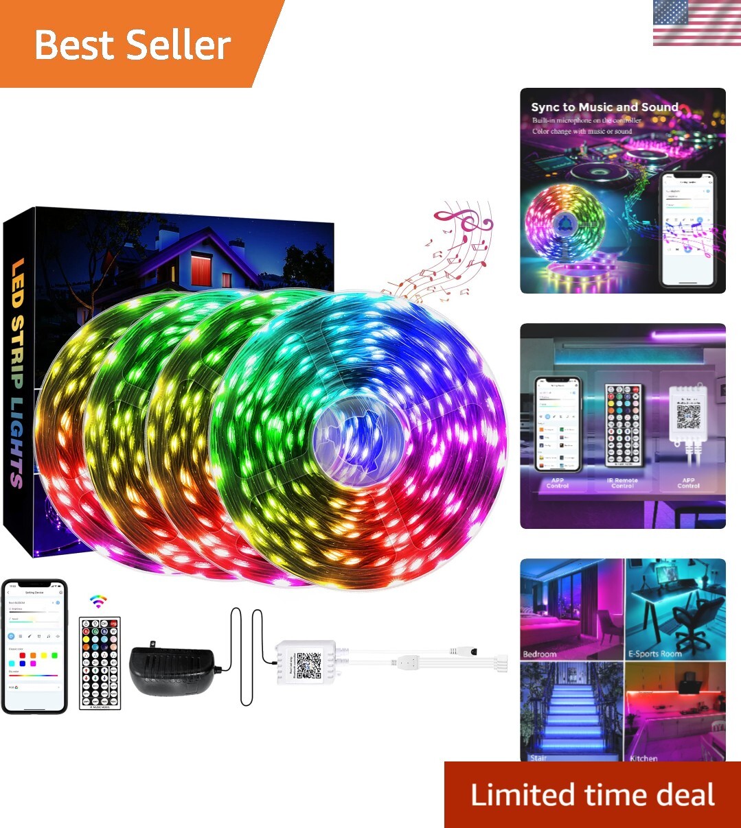 for Bedroom 100 FT4 Rolls, LED Strip Lights with App Control, Sync to Music 5...