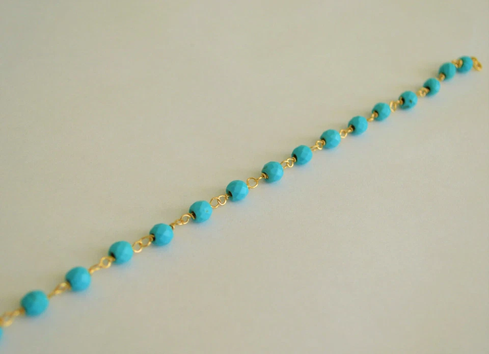 多面 4 毫米蓝色绿松石站黄金手链 手工制作 — 第 4/4 张图片
