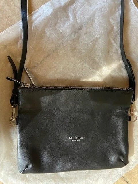 Bolso Bandolera Mensajero HALSTON Heritage Cuero Negro Doble Cremallera Tamaño Mediano  Foto 3 de 4