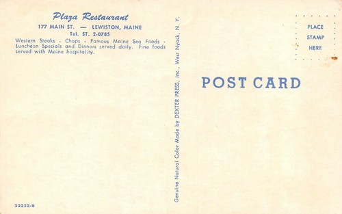 The Plaza Restaurant Main Street Interior View Lewiston,ME Vtg Postcard - Picture 2 of 2