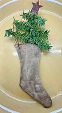 Primitive Christmas Rustic Mini Prairie  Stocking w/Prim tree Ornament 5”x8"