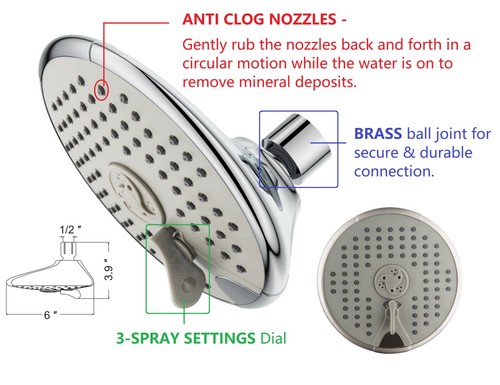 Ana Bath High Pressure 6" 3 Function Dual Shower Head Combo - Chrome REFURBISHED - Picture 3 of 7