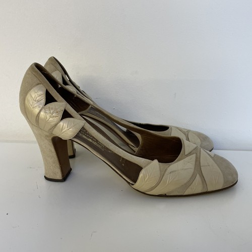 Vernon Humpage Vintage Court Heels Leather Beige Gold Block Heel Italy Size 5.5 - Picture 2 of 13