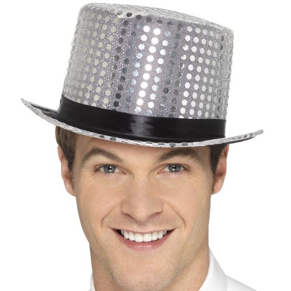 Adult Sequin Top Hat Fancy Dress Party Cabaret hat Siver by Smiffys New