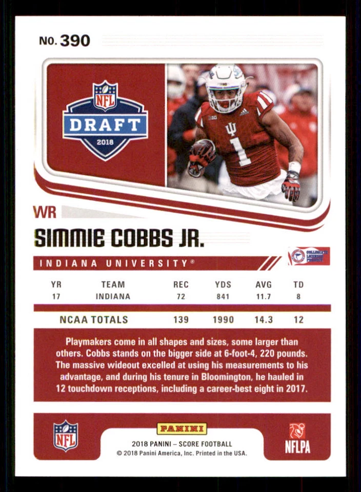 2018 Score #390 Simmie Cobbs Jr. RC - Image 2 of 2