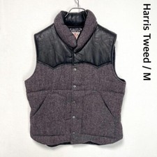 Harris Tweed Leather Down Vest Wool Herringbone Pattern M Size so