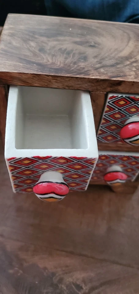 Jewelry Box-Made in India Wooden 4 Drawer Storage Ceramic Handpaint Fair Trade - Image 2 of 3
