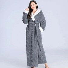 Loose Long Thick Bath Robe Hooded Women Bathrobe Flannel Warm Sleepwear