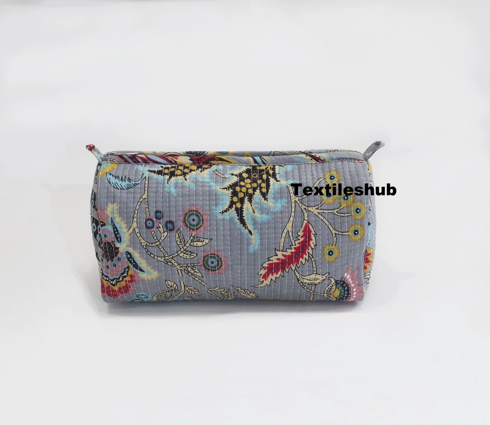 Indian Grey Mukut Cotton Quilted Toiletry Purse Cosmetic Storage Bag Of 3 Pc Set