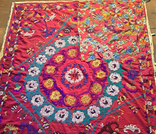 Antique Suzani Wall Tapestry Hand Pierced Embroidery Textile Deep Red - 72 x 56 - Picture 6 of 10