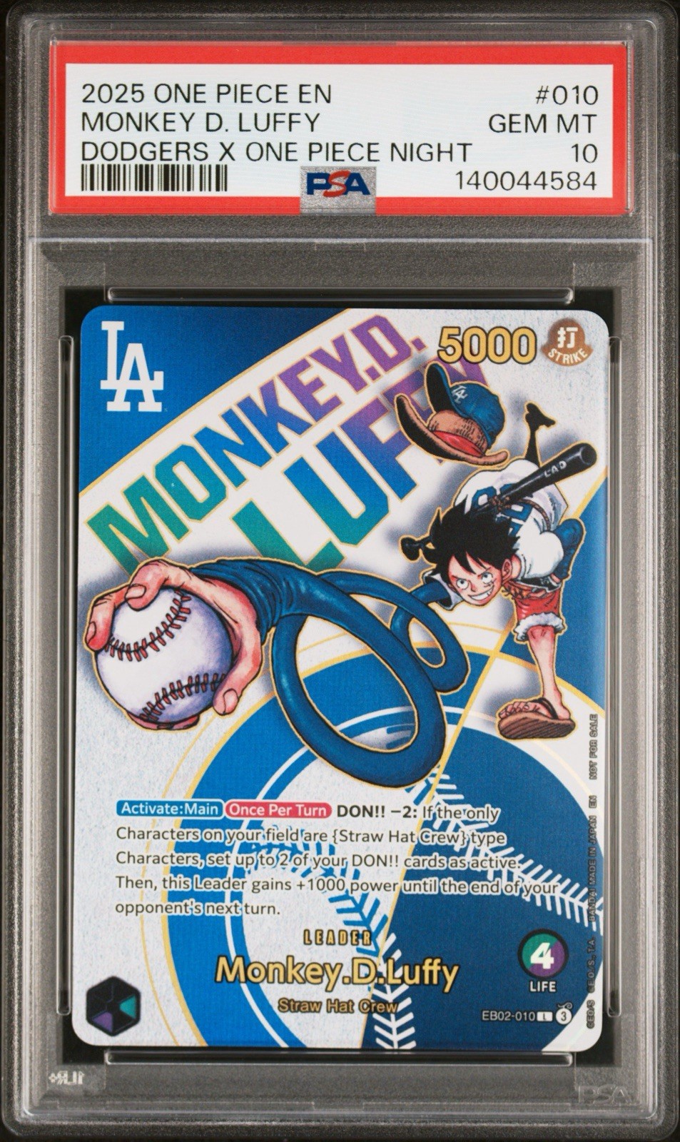 PSA VAULT 2025 ONE PIECE PROMOS DODGERS X ONE PIECE #010 MONKEY D. LUFFY PSA 10