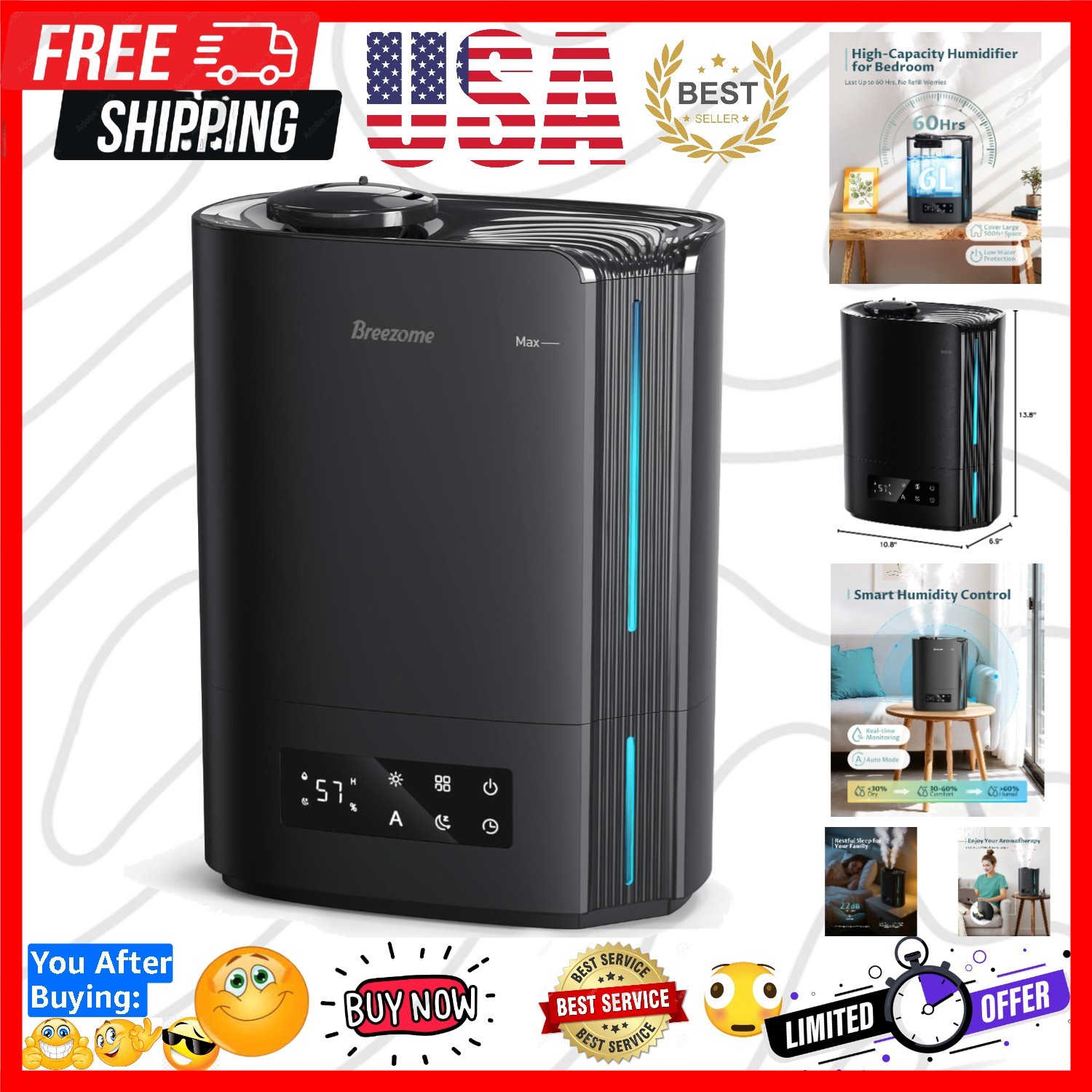 S For Bedroom Large Room & Essential Oil Diffuser, Ultrasonic To...