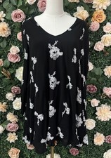 Free People Black White Embroidered Floral Swing Mini Dress XS