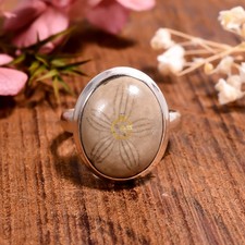 Natural Fossil Coral Ring 925 Sterling Silver Statement Boho Rings Gift Jewelry