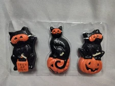 Vintage Lot of 3 Halloween Black Cat Mask Pumpkin Trick Or Treat Wax Candle Set