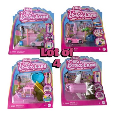 Barbie Mini BarbieLand 1.5'' Dolls & 2 Cars Boat and Airplane Playset, Lot of 4