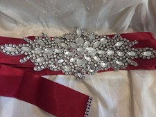 NWOT Red Satin-Like Sash W/Floral Rhinestone Center - BEAUTIFUL