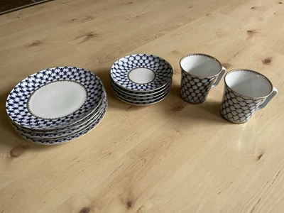 12 Teile Lomonosov Porzellan Kobaltnetz Geschirr Becher Teller 20cm 16cm Kaffee - Bild 1 von 4