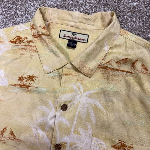 Tommy Bahama, Vintage Tommy Bahama Silk Hawaiian Shirt Mens Large Yellow Tropical Palm Tree