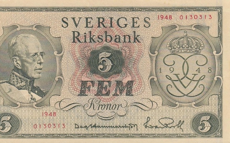1948 "COMMEMORATIVE ISSUE" SWEDEN 5 KRONOR SVERIGES RIKSBANK (( GEM UNC ))