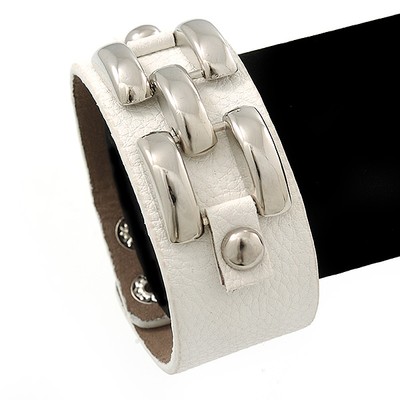 Breites weißes Lederstil silberfarbenes Schnallearmband - 22 cm Länge