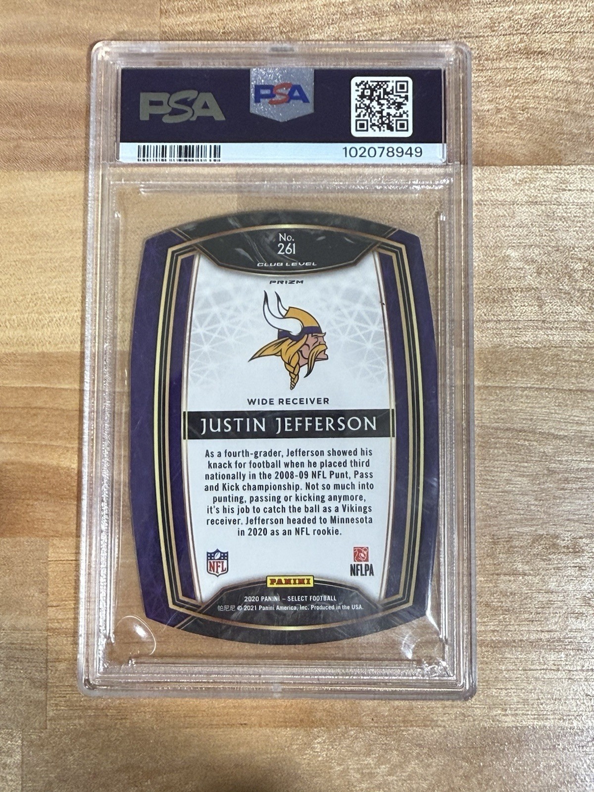 2020 Panini Select Level Justin Jefferson #261 Purple Prizm Die-Cut PSA 10 RC view 2