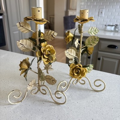 Cream painted Metal with Yellow Roses/Flower Candlestick Holder Set Of Two 10''