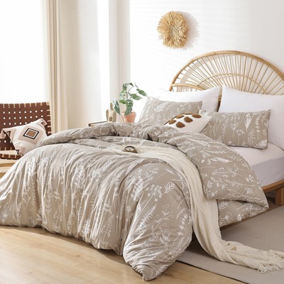 JANZAA 3 Pieces Duvet Covers Queen Size Floral White Botanical Printed on Oat...