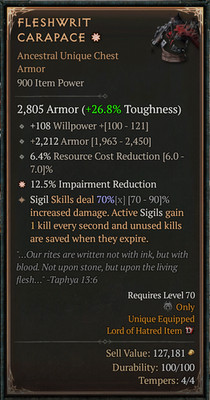   DIABLO 4 SEASON 13   Fleshwrit Carapace   Ancestral Unique Armor   0-4 GA