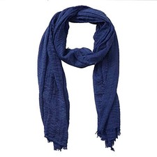 Summer Cotton Blend Crinkle Vintage Soft Scarf with Fringed Edges 35" Dark Blue