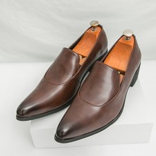 Retro Mens Slip On Loafers Mid Block Heel Dress Pointy Toe Shoes Spring Business
