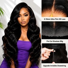 KONICS 26" 13x6 HD Lace Front Wig Body Wave Human Hair 250 Glueless Black