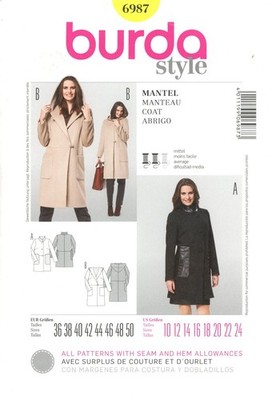 Burda 6987 Chic City Coat w Stand Collar, Duffle Coat w Hood Sz 10-24 UNCUT
