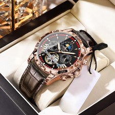 1pc Men's Luxury Automatic Watch Moon Phase Calendar Luminous Leather UK