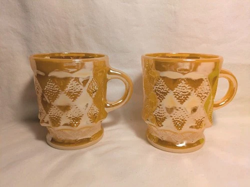 2 Anchor Hocking Fire King Peach Luster Golden Kimberly Diamond Mugs Near Mint!
