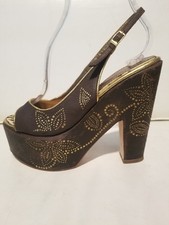 Roberto Cavalli Peeptoe Slingback Platform Henna Brown Gold Sandals Shoes 36