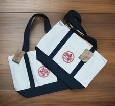 2 TRADER JOE'S Large Classic Reusable Tote Bag Cream Navy Blue NWT 2 Pockets