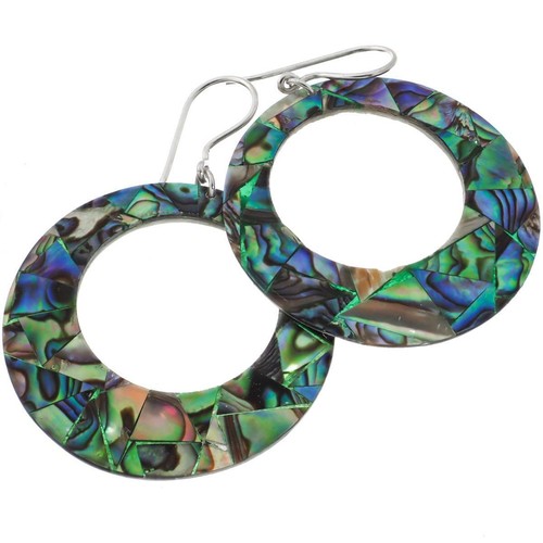925 Silver Mosaic Paua Abalone Shell Hoop Hoops Sterling Earrings, 1 1/2" - Picture 2 of 3
