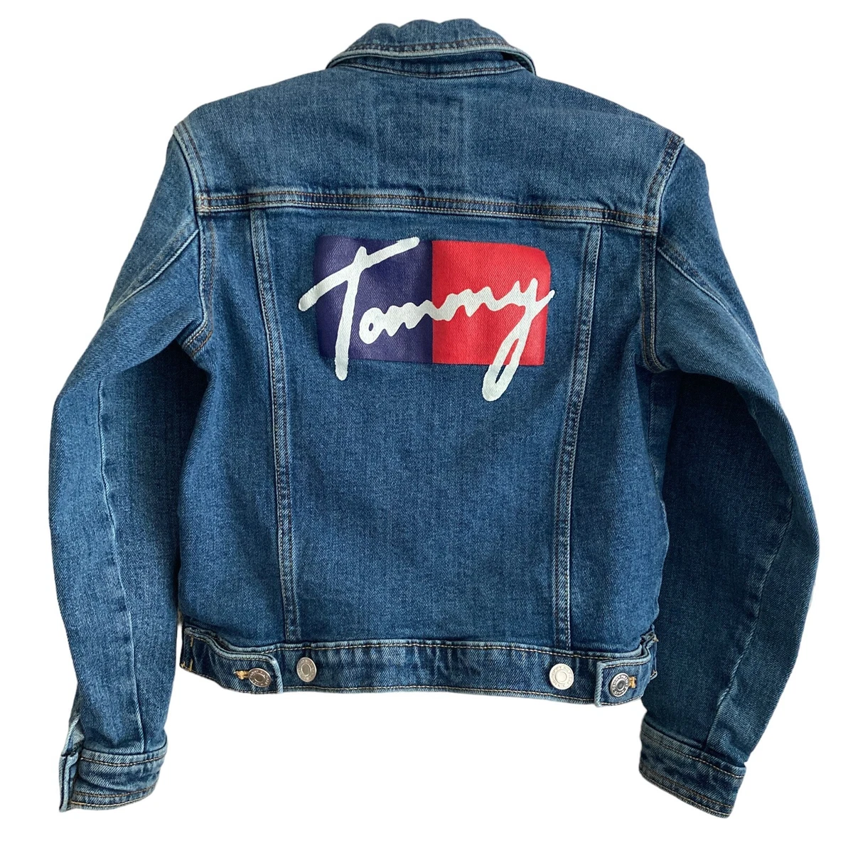 Tommy Hilfiger Denim Jacket Unisex Kids Medium 8 10 Spellout Blue