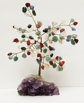 7 Chakra Tumbled Gemstone TREE OF LIFE Feng Shui Amethyst Quartz Base 7'' x 5.5''