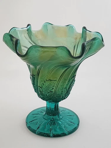 Aqua Blue Westmoreland Glass Carnival Glass Leaf Swirl Ruffled Compote