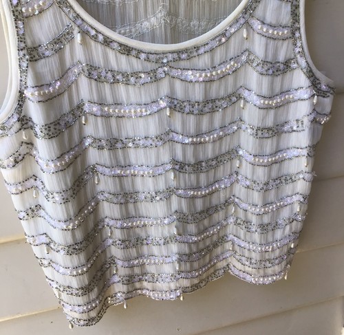 Topshop Ivory Beaded Shell Top Sequins Pearls Drops 12 M Cocktail New Year’s Eve - Picture 3 of 7