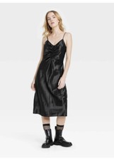Women's Size S Midi Satin Ruched Slip Dress A New Day Black Spaghetti Straps
