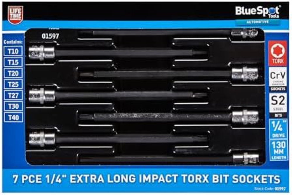 Blue Spot Tools 7 PCE 1/4" Extra Long Impact Torx Bit Sockets (T10-T40)