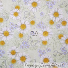 BonEful Fabric FQ Cotton Quilt Green Purple White Yellow Daisy Flower Butterfly