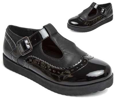 black patent t bar flat shoes