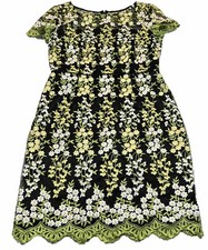 Tahari Dress Petit Floral Embroidery Cocktail Dress Black Green White