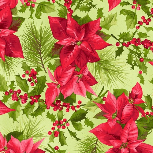 Feline Drive Fabric POINSETTIA & PINE Christmas Green Fat Quarter (18"x22") FQ - 第 1/7 張圖片