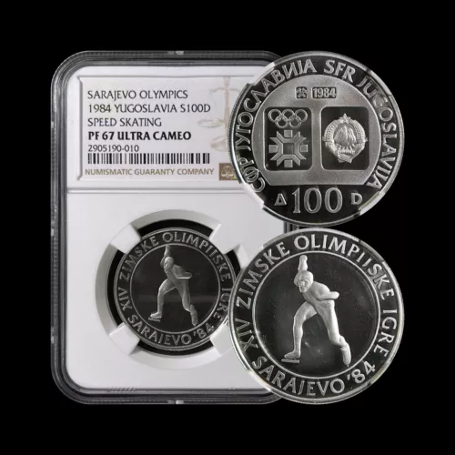 YUGOSLAVIA. 1984, 100 Dinara, Silver - NGC PF67 - Speed Skating Sarajevo