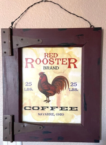 Rustic Red Rooster Brand Coffee Advertising Print Sign Wood Framed 14.5" x 12.5" - Bild 1 von 2